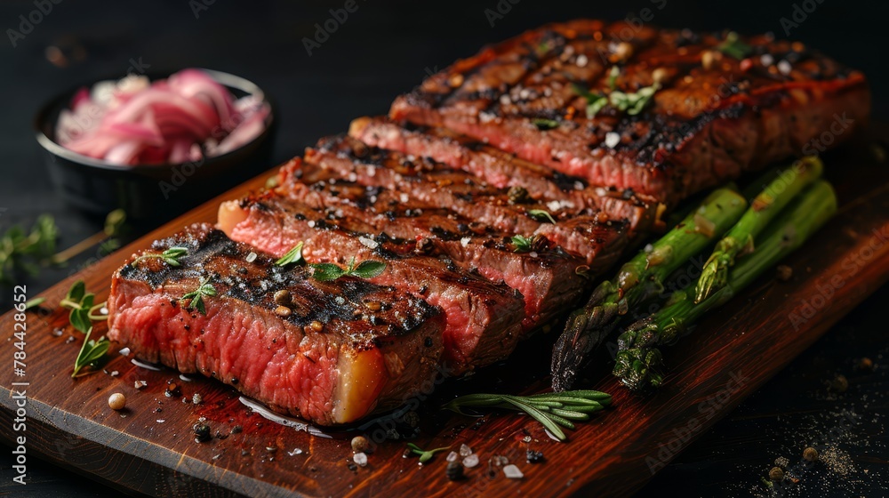 A steak sits atop a wooden cutting board, surrounded by asparagus and a bowl of onions A steak sits atop a wooden cutting board, surrounded by asparagus and a bowl of onions