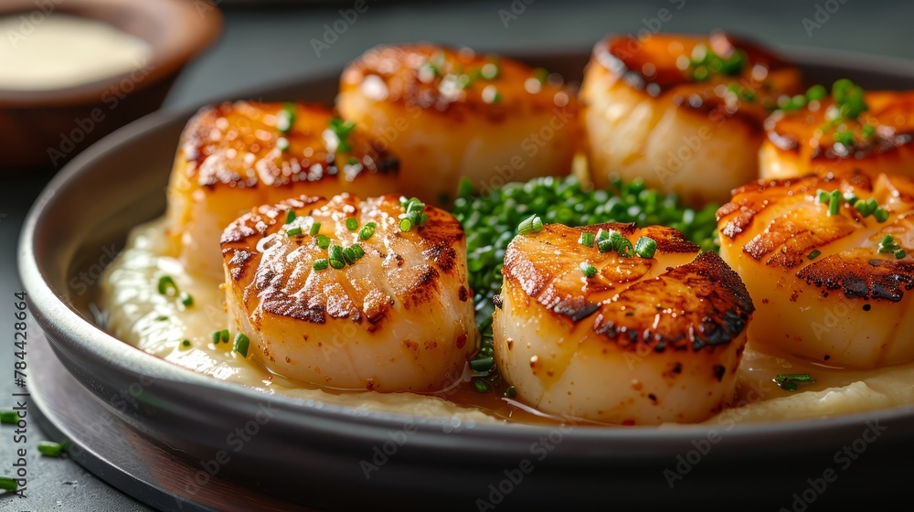  scallops atop mashed potatoes, garnishes included