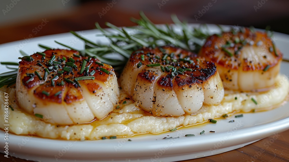A white plate holds scallops, generously coated in sauce, and adorned with a rosemary sprig A white plate holds scallops, generously coated in sauce, and adorned with a rosemary sprig