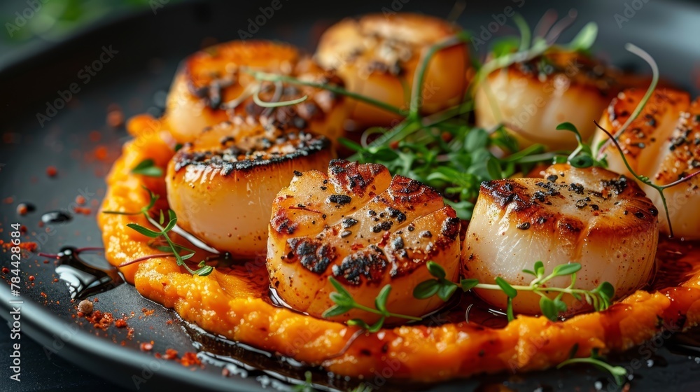 A black plate holds scallops, fully covered in savory sauce, and garnished with fresh herb sprigs A black plate holds scallops, fully covered in savory sauce, and garnished with fresh herb sprigs