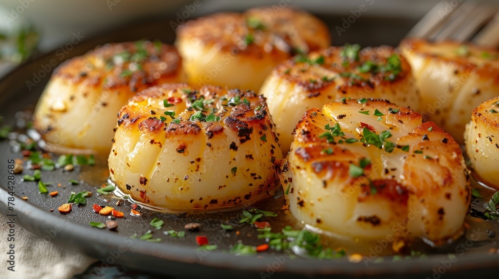 A tight shot of a scallop-laden plate, garnished superiorly A tight shot of a scallop-laden plate, garnished superiorly