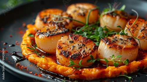  A black plate holds scallops, fully covered in savory sauce, and garnished with fresh herb sprigs