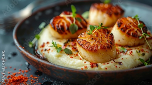  Close-up of scallops atop mashed potatoes, garnished