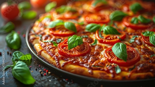  A pizza, topped with cheese and various ingredients, rests atop a cheesy pan Green leaves crown the peak of these culinary delights