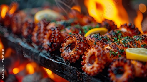 A close-up of octopus rings on a grill with lemon wedges and garnishes adjacent