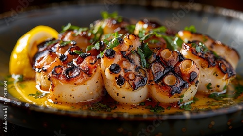  Close-up of scallops on a plate with lemon wedges and parsley