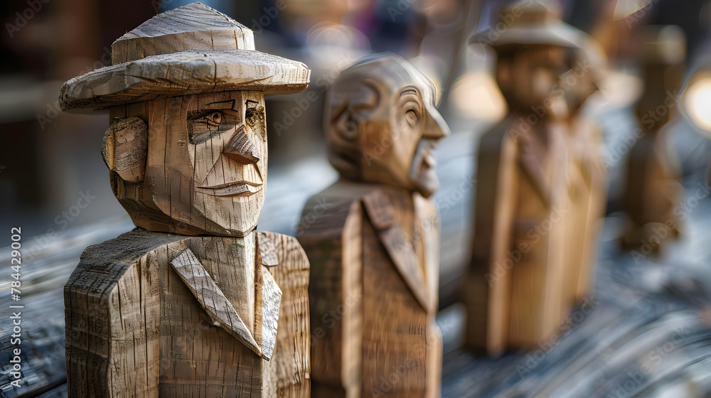 Naklejka premium Wooden figures in two rows