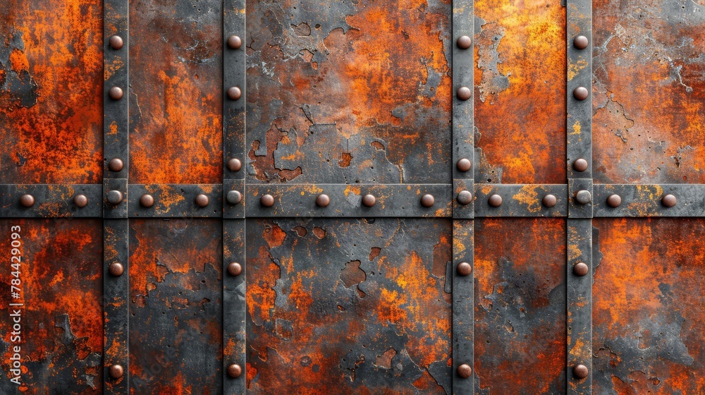 Rusted metal backdrop with riveted panels and interlocking rivets along edges Rusted metal backdrop with riveted panels and interlocking rivets along edges