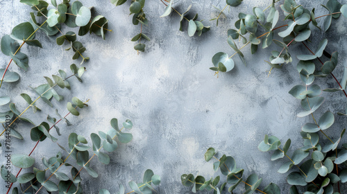 Eucalyptus branches on gray background, top view mockup image for creative projects