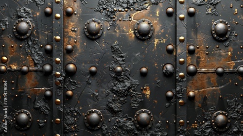  A tight shot of a metal door adorned with rivets, their heads visible on its exterior surface