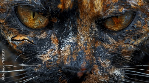   A tight shot of a feline face, sporting brown and black patches around the eyes © Jevjenijs