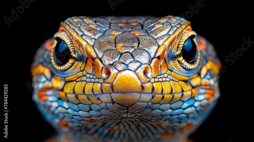  A tight shot of a vivid lizard s face against a black backdrop  mirroring its expressive eyes in the reflection