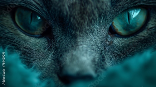   A tight shot of a cat's expressive eyes, framed by blue fur at its lower face photo