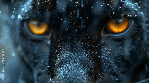  A tight shot of a black and orange dog's wet face, dotted with water drops on its fur