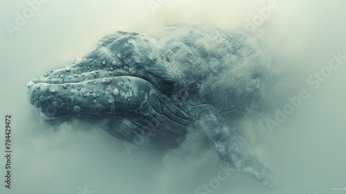   A humpback whale swims through the water, head elevated above the surface, as it dives for food © Jevjenijs
