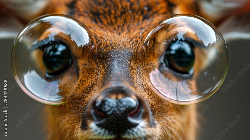 Obraz premium A tight shot of a deer's face with a magnifying glass hovering over its schnoz