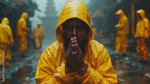   A man in a yellow raincoat prays among a group of similarly dressed men in the pouring rain © Jevjenijs