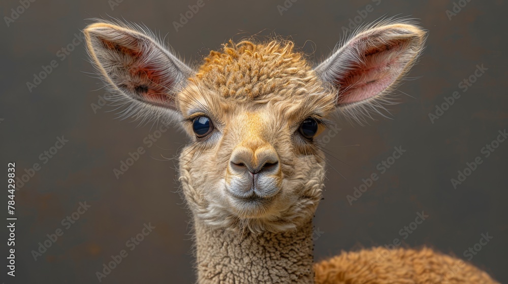 Fototapeta premium A close-up of a llama's face against a brown wall background