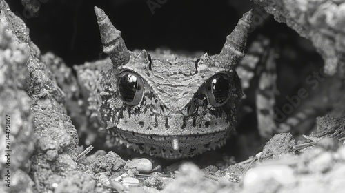  frog with horns, gazing out from a rock's hole photo