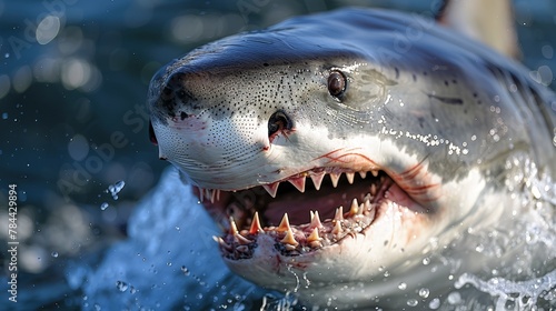  A tight shot of a shark with its jaws agape  revealing teeth submerged in water