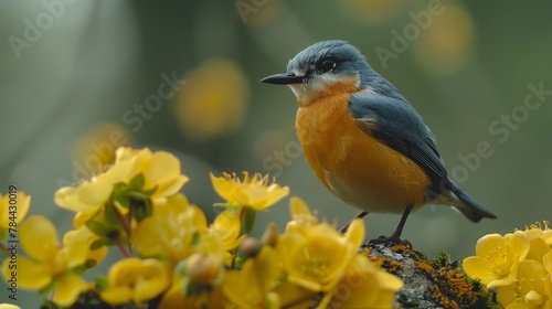  A small blue-and-orange bird sits on a tree branch, surrounded by yellow flowers Background softly blurred