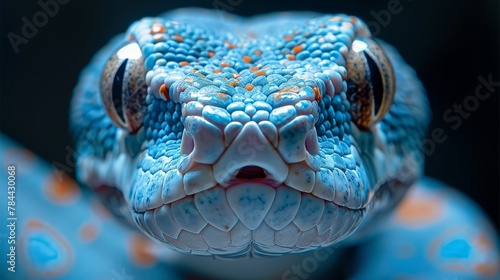   A tight shot of a snake's head featuring a blue-orange pattern at the back end photo