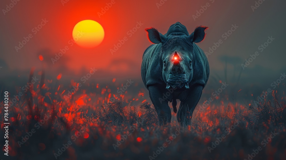   A rhinoceros silhouetted in a field against the sun's backdrop, its eyes casting red reflections - obrazy, fototapety, plakaty 