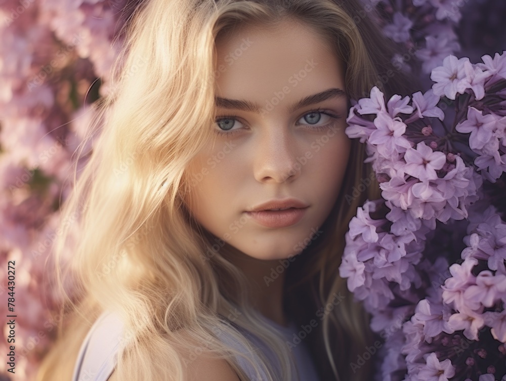 A beautiful blonde woman standing in front of a bush of purple flowers A beautiful blonde woman standing in front of a bush of purple flowers