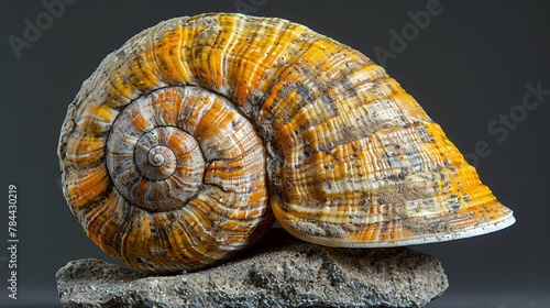   A tight shot of a snail's shell on a rock, contrasting against a dark backdrop