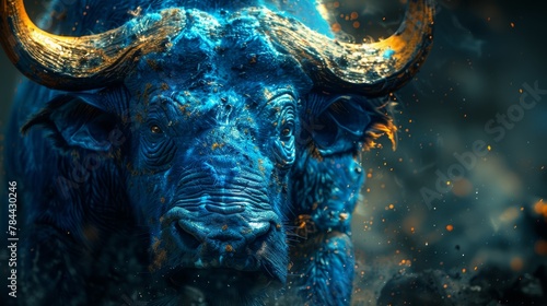  A tight shot of a blue bull with vast horns adorning its face and smaller yellow horns above its head