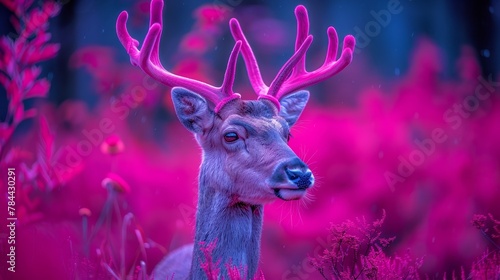  A tight shot of a deer's head against a backdrop of pink blooms and foreground grass