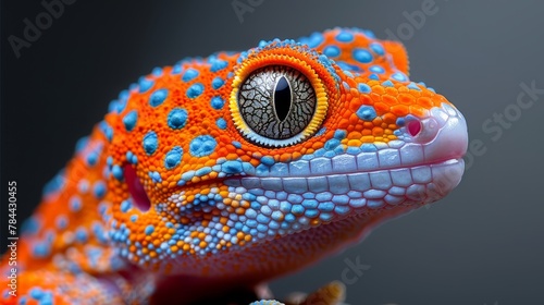   A tight shot of an orange-and-blue chameleon s face with its central eye in focus