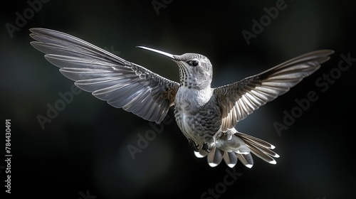   A hummingbird hovers in mid-air, wings spreading to their full extent as they beat rapidly photo