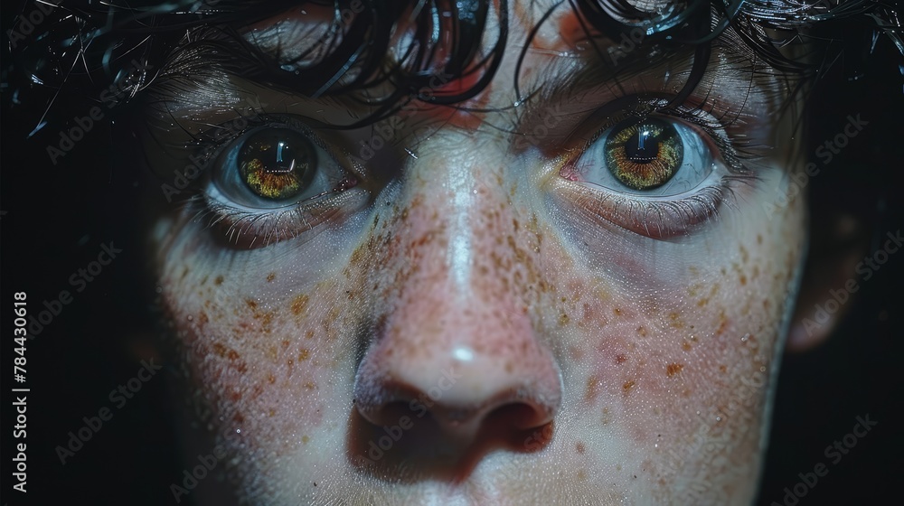   A tight shot of an individual with freckled hair, freckled eyes, and speckled skin