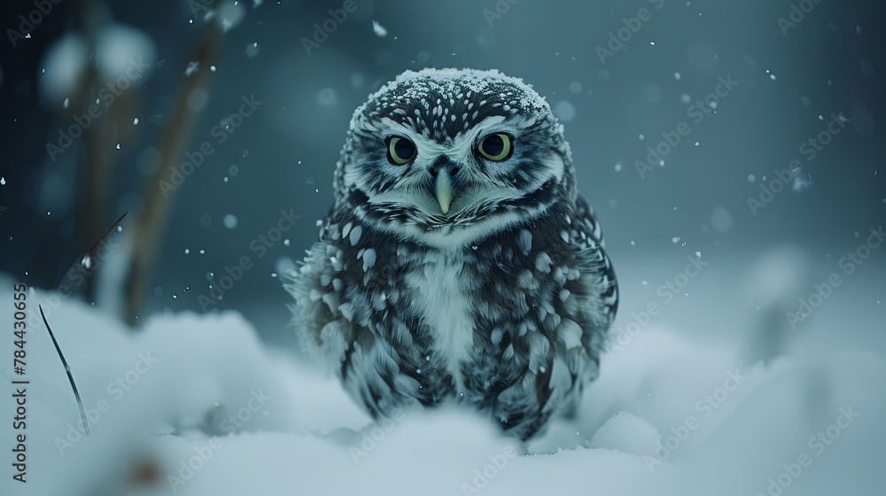 A tight shot of a tiny owl amidst snow, snowflakes dotting its face, backdrop slightly blurred A tight shot of a tiny owl amidst snow, snowflakes dotting its face, backdrop slightly blurred