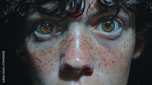   A tight shot of an individual with freckled hair  freckled eyes  and speckled skin