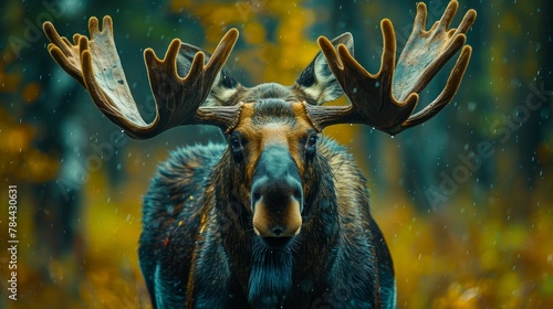  A tight shot of a moose sporting massively broad antlers atop its head against a backdrop of a verdant forest