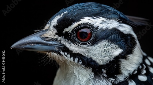  A bird in close-up, its face marked with a black-and-white pattern, one eye boldly red