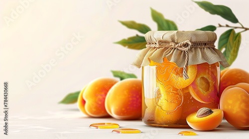 Close shot of a jar of apricot jam kept on a clean surface with apricots surrounding of it with a big space for text or product, Generative AI.