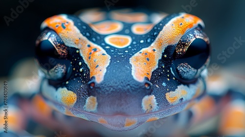  A tight shot of a frog's face, adorned with orange and black spots on its body and head