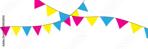 Flag garland. Repeating party bunting pattern. Triangle celebration flags chain. White, blue, red pennants decoration. Vector footer and banner. Used in web , templates . Isolated on white background.