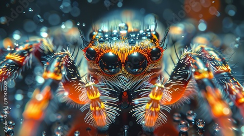   A tight shot of a vibrant spider, adorned with numerous water droplets on its back andlegs