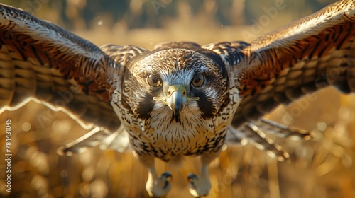   A tight shot of a raptor with spread wings and wide-open eyes photo
