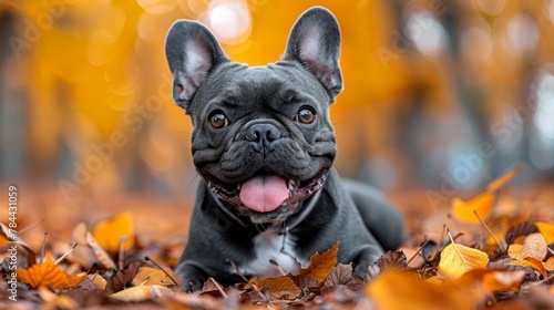   A close-up of a dog lying on a pile of leaves with its tongue out © Jevjenijs