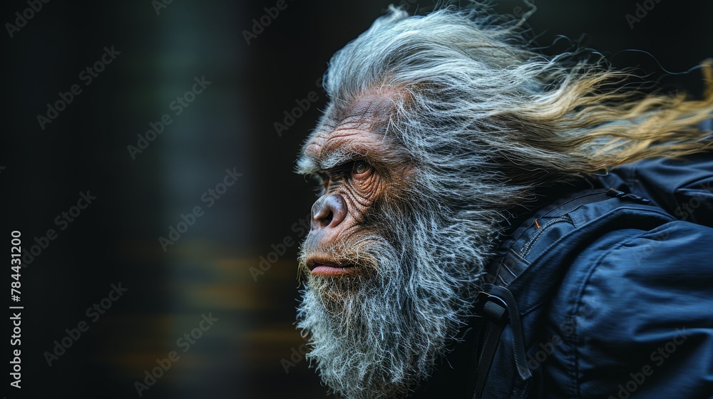   A man with long hair and beard, his countenance resembling a monkey's, carries a backpack