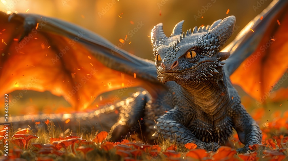   A dragon up-close among flowery fields, fire in the sky background