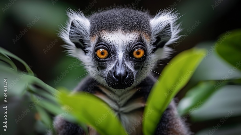 A monkey perched on a tree branch, surrounded by leaves in sharp focus in the foreground, while the background softly blurs A monkey perched on a tree branch, surrounded by leaves in sharp focus in the foreground, while the background softly blurs