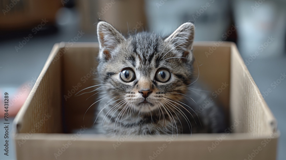   A kitten in a cardboard box gazes sadly at the camera