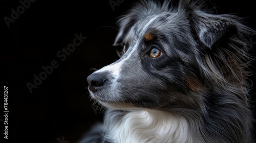  A dog's face, closely framed, with intense expression against a black backdrop