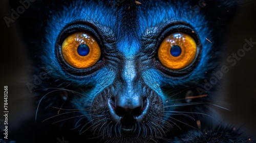   A tight shot of a feline's face displays vibrant orange and yellow orbs within its expressive eyes © Jevjenijs
